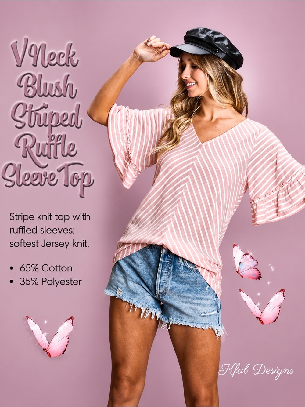 V Neck Blush Striped Ruffle Sleeve Top NEW